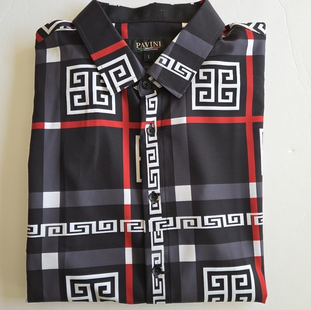 Men's Black and Red Geometric Pattern Shirt - Picture 3 of 9
